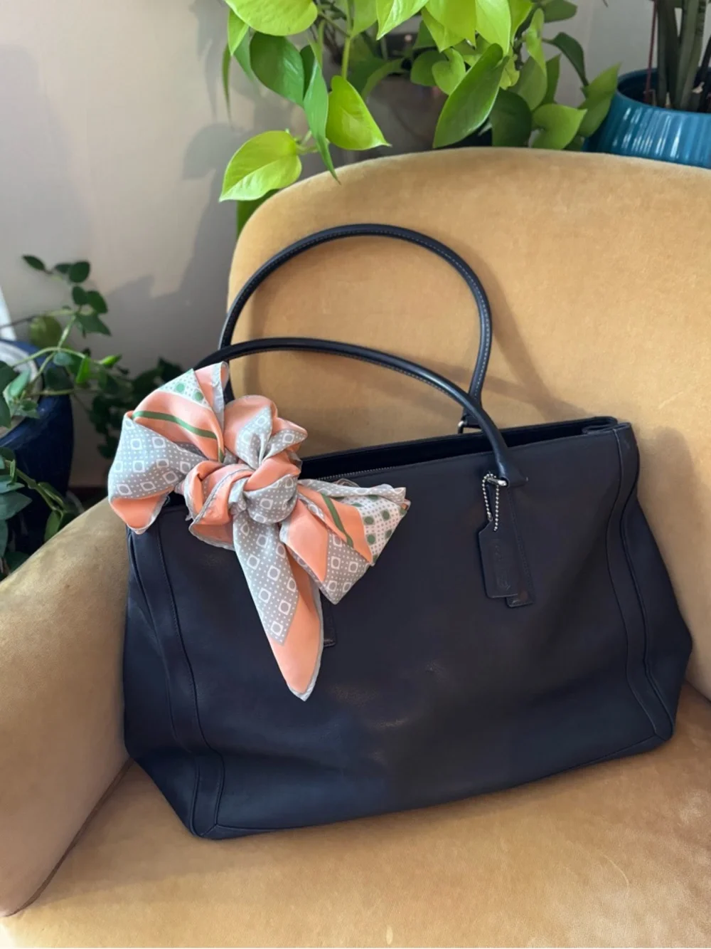 VINTAGE peach & gray ACETATE scarf BAG CHARM head wrap ACCENT SCARF